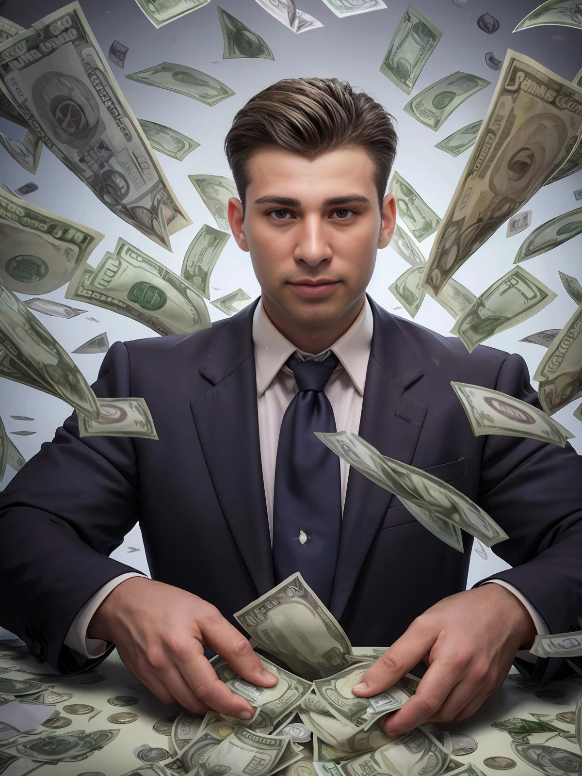 32K, Masterpiece, cinematic lighting, perfect shading, art station enhanced, visually arresting photograph of <lora:jarekwv1:0.95> jarekw, as a bank teller, shirt and tie, ((surrounded by falling dollar bills)), close up, glamour shot, ((money bending)), vortex of money, dollar bills falling from sky, money, affluent, wealth, dynamic shot