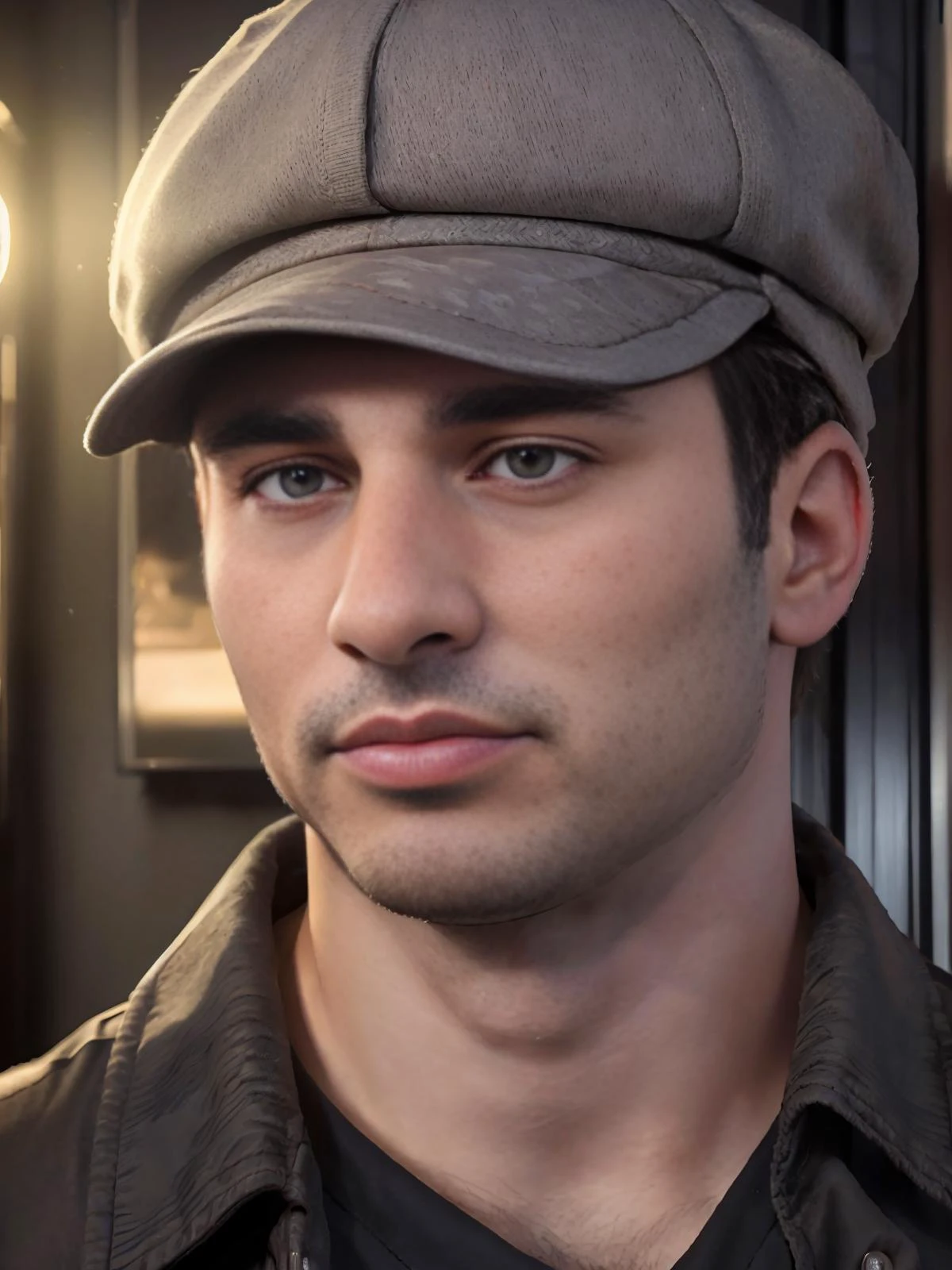 32K, Masterpiece, cinematic lighting, perfect shading, art station enhanced, visually arresting photograph of <lora:jarekwv1:0.95> jarekw, close up, glamour shot, flat cap, stubble,