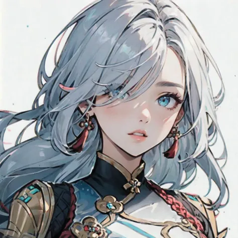 <lora:shenhe:1>,shenhe(genshin impact),tassel,hair over one eye,1girl,tassel earrings,white background,solo,simple background,jewelry,long hair,blue eyes,earrings,white hair,parted lips,upper body,looking at viewer,
