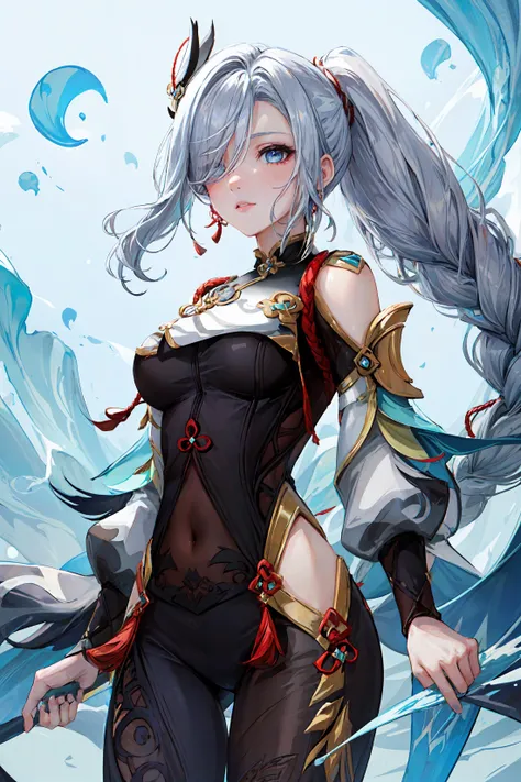 1girl,solo,best quality,high quality,highres,absurdres,detailed background,cowboy_shot,<lora:add_detail:0.6>,<lora:shenhe:0.7>,shenhe(genshin impact),blue eyes,hair over one eye,very long hair,grey hair,braided ponytail,earrings,