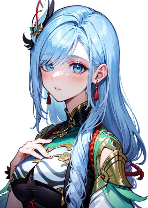 (masterpiece, 4k, 8k, ultra hires, exremely detailed, good shadow, good light, deep shadow, unreal, high resolution, ultra detailed, best quality, ultra high res, visually stunning, beautiful, award-winning art, best quality, stunningly beautiful:1.2),
<lora:shenhe:1>,shenhe(genshin impact),tassel,hair over one eye,1girl,tassel earrings,solo,jewelry,long hair,blue eyes,earrings,white hair,upper body,looking at viewer,hair ornaments,braided ponytail,<lora:moreDetail:0.7>,mature,
