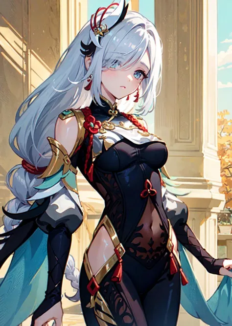 (Masterpiece, Best Quality:1.2), face covered by cloth, Cowboy shot, solo, a 1girl, morgan le fay, slight smile, closed mouth, looking at viewer, crossed arms, long grey hair, braid, pony tail, Hair Bow, crown, veil, morgandef, two-tone dress, black dress, clothing cutout, stomach cutout, cleavage