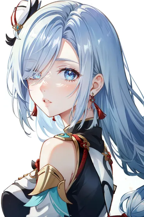 <lora:shenhe:1>shenhe(genshin impact), tassel, hair over one eye, 1girl, tassel earrings, white background, solo, simple background, jewelry, long hair, blue eyes, earrings, white hair, parted lips, upper body, looking at viewer