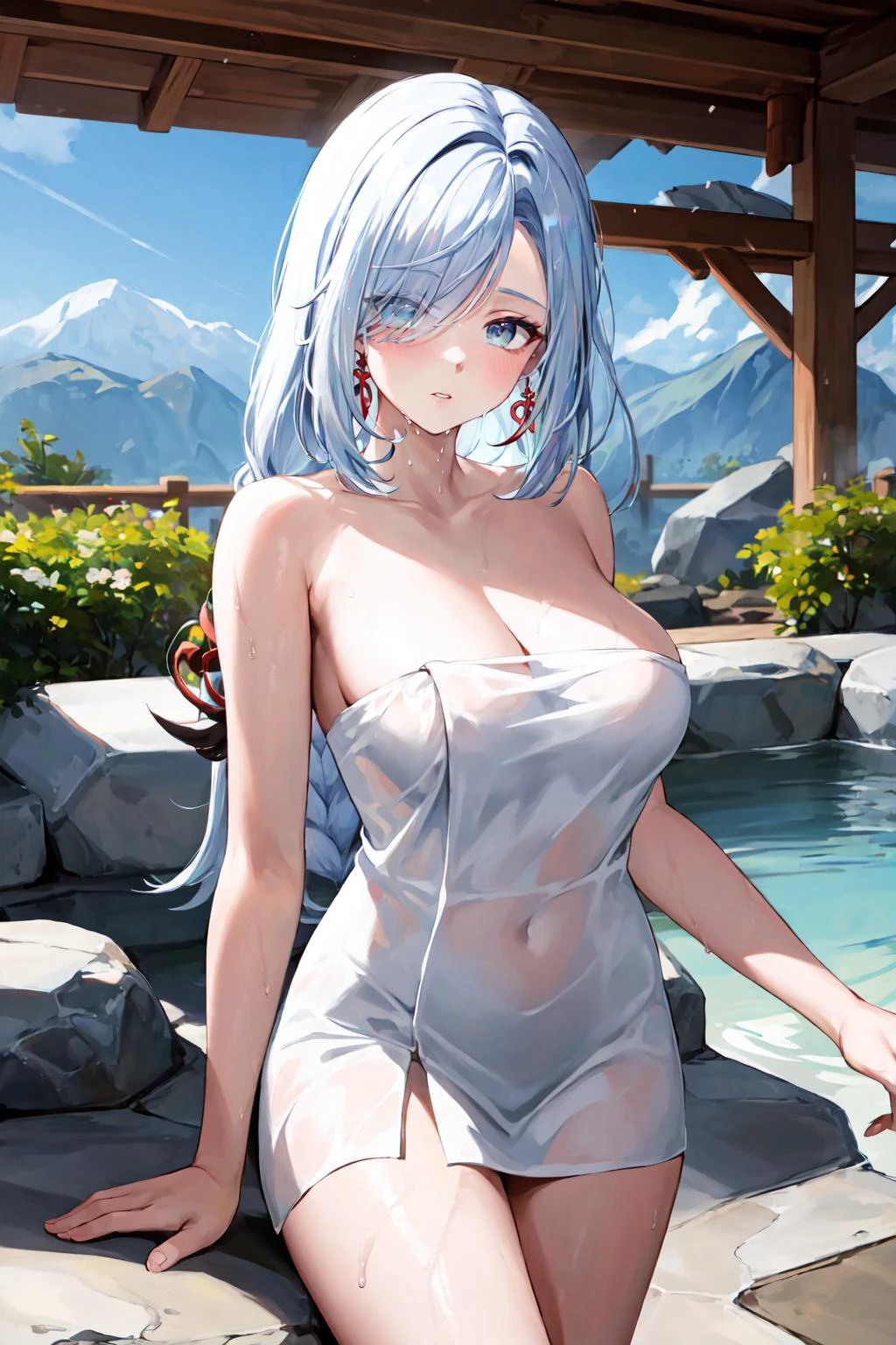masterpiece, best quality, highres, mature female, shenhe \(genshin impact\), white hair, braided ponytail, white hair, long hair, earrings, blue eyes ,hair ornaments, hair over one eyes, parted lips, <lora:shenhe:1>, wet body, towel, naked towel, see-through, see-through silhouette, <lora:naked_towel_v0.1:1>, hot springs, outdoors, steam, looking at viewer, <lora:add_detail:0.3>