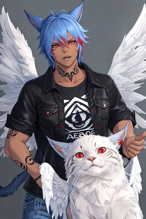FFXIV Male Miqo'te, <lora:Miq_Lora-NAI:0.5> HellaineDark, blue hair, BadBoyVibes-GenderFree