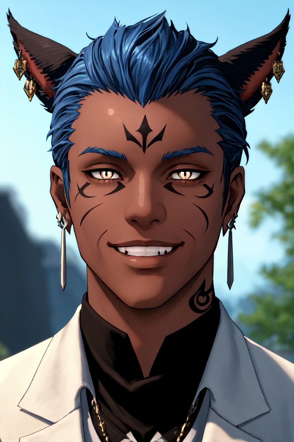 FFXIV Male Miqo'te, 1boy, male focus, blue hair, blurry, blurry background, dark skin, dark-skinned male, earrings, facial mark, glowing, jewelry, lips, looking at viewer, neck tattoo, portrait, short hair, slit pupils, smile, solo, tattoo, white eyes <lora:Miq_Lora-NAI:0.4>