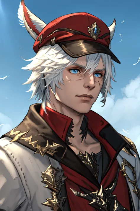 FFXIV Male Miqo'te, 1boy, male focus, white hair, blue eyes, cavalier hat, hat feather, portrait,  red headwear, scar, solo, upper body  <lora:Miq_Lora-NAI:0.5>