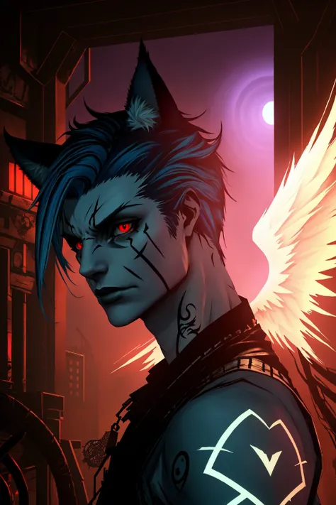 FFXIV Male Miqo'te, <lora:Miq_Lora-NAI:0.5> blue hair, NaGiFace DemonUnderWorld