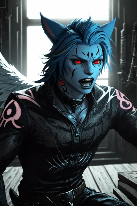 FFXIV Male Miqo'te, <lora:Miq_Lora-NAI:0.5> blue hair, NaGiFace DemonUnderWorld