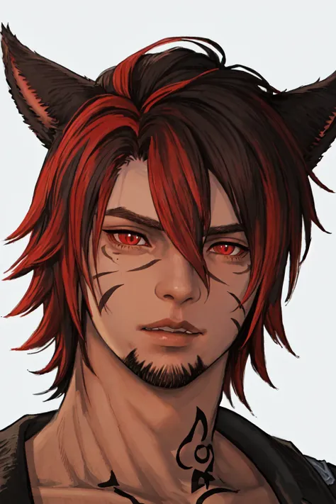 FFXIV Male Miqo'te, 1boy, black hair, cat boy, dark skin, facial hair, facial mark, hair between eyes, hyur, lips, looking at viewer, male focus, neck tattoo, parted lips, portrait, red eyes, red hair, short hair, simple background, slit pupils, solo  <lora:Miq_Lora-NAI:0.5>