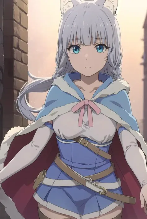 kemonoshigure, <lora:kemono shigure s1-lora-nochekaiser:1>,
shigure, long hair, blue eyes, animal ears, braid, grey hair, animal ear fluff, wolf ears, wolf tail, wolf girl, tail,
BREAK skirt, cape, blue skirt, capelet, skirt, thighhighs, white thighhighs,
BREAK outdoors, forest,
BREAK looking at viewer, (cowboy shot:1.5), dynamic pose,
BREAK <lyco:GoodHands-beta2:1>, (masterpiece:1.2), best quality, high resolution, unity 8k wallpaper, (illustration:0.8), (beautiful detailed eyes:1.6), extremely detailed face, perfect lighting, extremely detailed CG, (perfect hands, perfect anatomy),