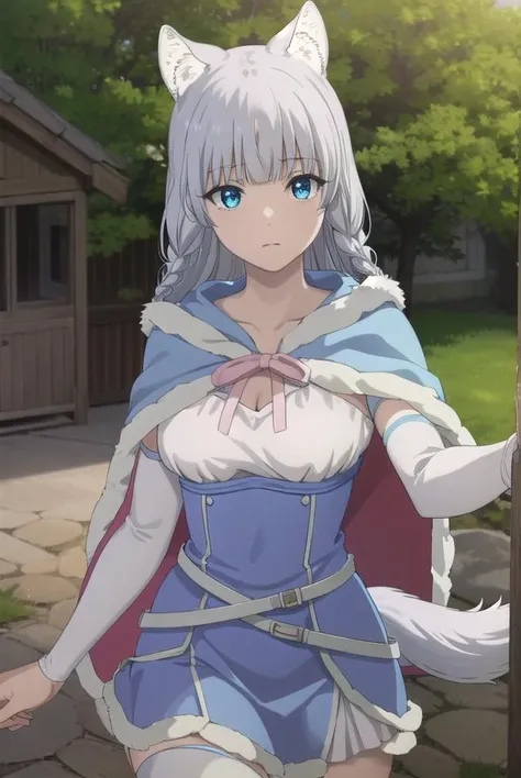 kemonoshigure, <lora:kemono shigure s1-lora-nochekaiser:1>,
shigure, long hair, blue eyes, animal ears, braid, grey hair, animal ear fluff, wolf ears, wolf tail, wolf girl, tail,
BREAK skirt, cape, blue skirt, capelet, skirt, thighhighs, white thighhighs,
BREAK outdoors, forest,
BREAK looking at viewer, (cowboy shot:1.5), dynamic pose,
BREAK <lyco:GoodHands-beta2:1>, (masterpiece:1.2), best quality, high resolution, unity 8k wallpaper, (illustration:0.8), (beautiful detailed eyes:1.6), extremely detailed face, perfect lighting, extremely detailed CG, (perfect hands, perfect anatomy),