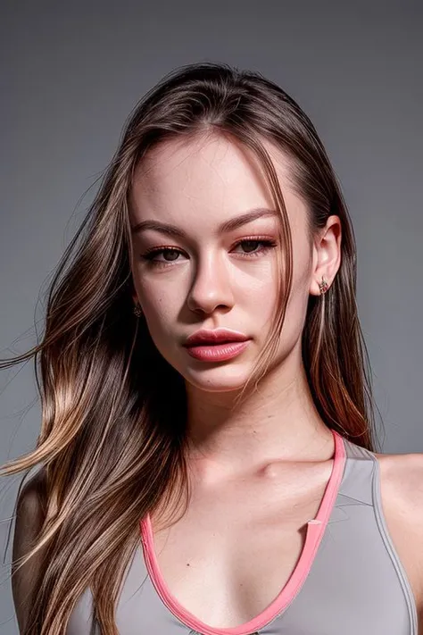 (CR-Na0miSwann-Block454:0.9), face closeup protrait of woman wearing sport top, grey background, (tilted angle shot:1.2),