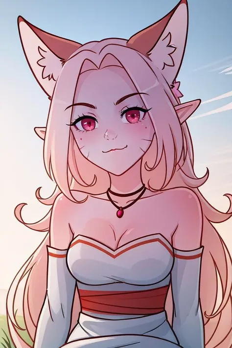 <lora:madamai-15:0.55>, 1girl, animal, animal ear fluff, animal ears, bare shoulders, emphasis lines, facial mark, fox ears, long hair, looking at viewer, madamai, pink eyes, pink hair, solo, collarbone,
dark shot, masterpiece, best quality, very detailed illustrations, <lora:Iris:0.3>, 1girl, solo, elf, :3, long blonde hair, jewelry, earrings, orange eyes, white dress,
meadow, sitting