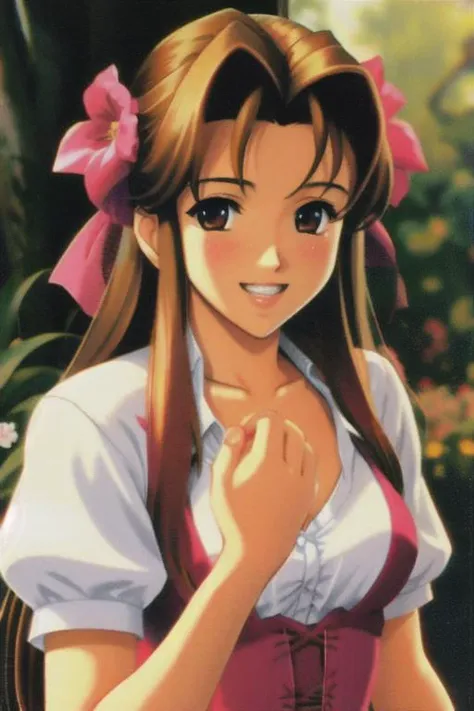 <lora:aerith-xl-nvwls-v1:.7> "aerith gainsborough", <lora:braces_v1:.7> "braces", clenched teeth