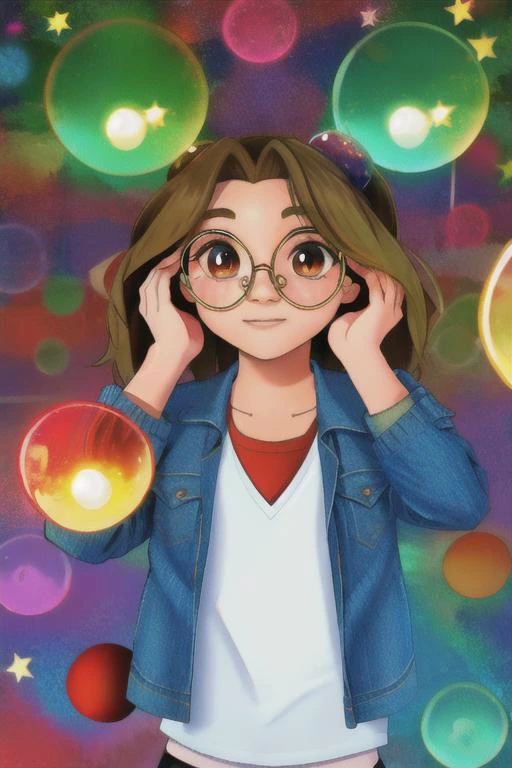 <lora:SydneyScoville:.7> "SydneyScoville, multicolored orbs circling over head, glasses, tween", <lora:braces_v1:.7> "braces", worried