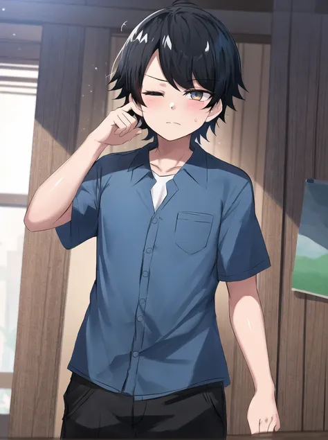 hinghoi, degenerate, incredibly absurdres, best quality, 2d render, anime screencap, sharp detail, standing cowboy shot, looking at viewer, (young male character, 1boy, male focus, black hair, swept bangs), amber eyes, deep eyes, (one eye closed (winking):1.2), wearing hawaiian shirt with no jewelry or neckwear, indoors, finely detailed background, amazing background