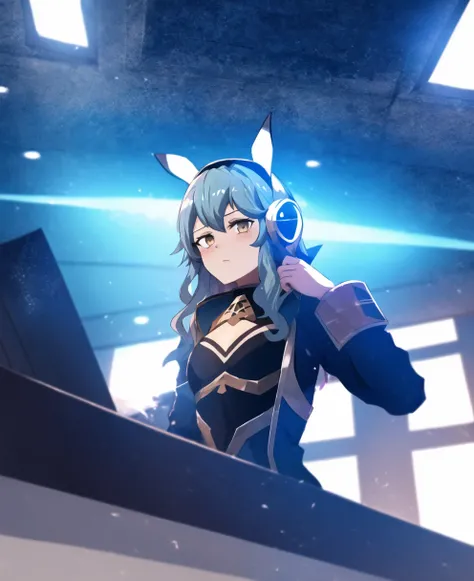 hinghoi, futurepunk style, incredibly absurdres, concept art, best quality, perfect lighting, illustration, from below and (rabbit pose:1.1), looking at viewer, teenage female character, 1girl, (aroused and nervous), flat chest, no cleavage, aqua hair and black streaked hair, widow's peak, wavy hair, white eyes, wearing (science fiction style helm and sabaton:1.1), indoors, finely detailed background, amazing background