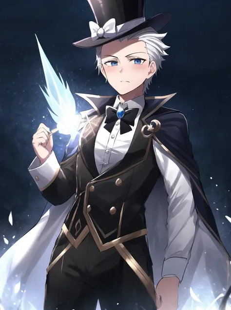 hinghoi, degenerate, incredibly absurdres, best quality, 2d render, sharp detail, standing cowboy shot, looking at viewer, (young male character, 1boy, male focus, white hair, hair slicked back), blue eyes, deep eyes, (seductive face:1.2), wearing magician clothes, fishnets, black leotard, bowtie, black cape, magic wand, magic trick, top hat with no jewelry or neckwear, outdoors and dark sky, finely detailed background, amazing background