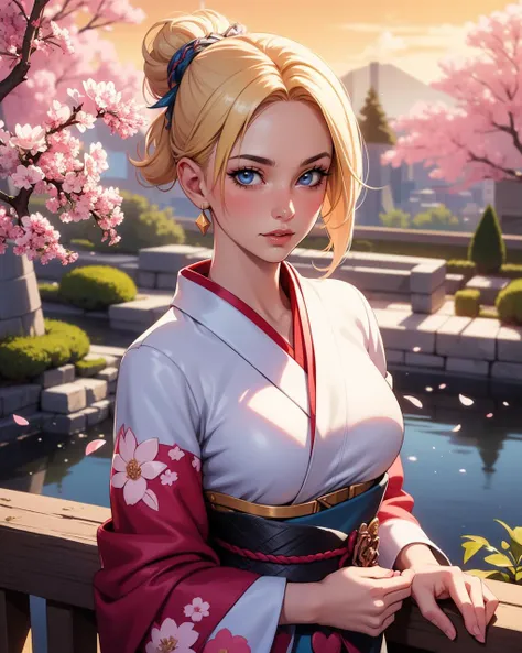 ethereal fantasy concept art of 1girl, solo, beautiful adult woman, Char_ffxiv-MinfiliaWardebyAlie, high quality, lips apart, platinum blonde hair, best quality, highres, high detail, rim lighting,from above, Japanese kimono, traditional design, submissive pose, serene garden setting, cherry blossoms, sunset hues, vibrant, detailed, 8k resolution (art by Hyung Tae Kim,Tetsuya Nomura:1.1) . magnificent, celestial, ethereal, painterly, epic, majestic, magical, fantasy art, cover art, dreamy