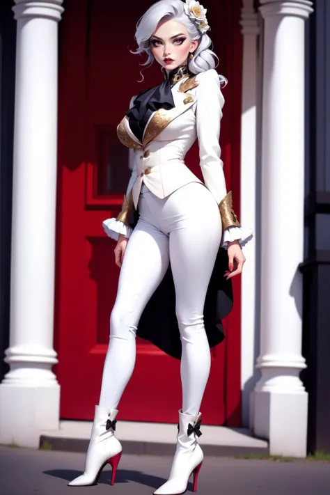 1girl, solo, adult mature woman, high quality, best quality, highres, high detail,   <lora:VictorianRidingOutfit:0.75>, r1d3r, (silver ornate formal jacket), long sleeves, (tailcoat), crimson striped pants,  ascot, frills, contrapposto, high collar,  high heel boots, cuffs, buttons, flower, puffy sleeves, cleavage cutout,  apart, lace, parted lips, eyeliner, eyeshadow, makeup, black lips, [mini top hat]