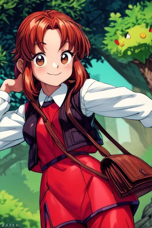 A close up of a woman in a red dress holding a brown bag - SeaArt AI