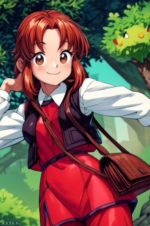 ((masterpiece,best quality)), absurdres, 1girl, solo, dynamic pose, looking at viewer, smile <lora:RN9_Holly_MonsterFarm-06:0.8> rn9_holly_monsterfarm, dress, long sleeves, collared shirt, vest, pants, <lora:add_detail:0.3> forest, upper body, hair bow, shoulder bag