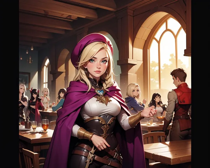 ethereal fantasy concept art of  1girl, solo, beautiful adult woman, Char_ffxiv-MinfiliaWardebyAlie, high quality, frown, platinum blonde hair,  best quality, highres, high detail, from below,from above, medieval bard outfit, ((laugh)), cavalier hat, wide brim hat, Dungeons & Dragons theme, detailed embroidery, flowing cloak, happy, singing, music notes, lute, vibrant colors, fantasy tavern setting, intricate design, 8k resolution, (medieval tavern backdrop) (art by studio ghibli:1.1, art by CLAMP:1.1) . magnificent, celestial, ethereal, painterly, epic, majestic, magical, fantasy art, cover art, dreamy