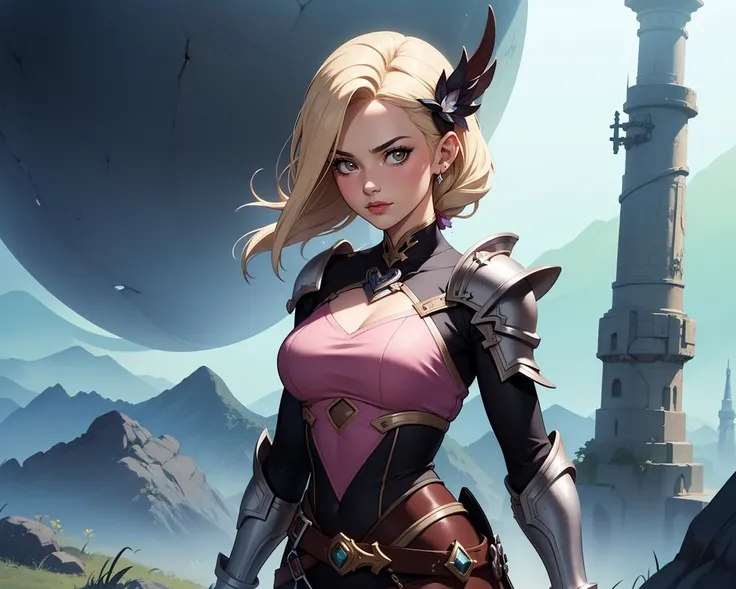 ethereal fantasy concept art of 1girl, solo, beautiful adult woman, Char_ffxiv-MinfiliaWardebyAlie, high quality, intense, platinum blonde hair, best quality, highres, high detail, afterglow,moody composition, Adventurer in the style of Genshin Impact, (exotic beautiful armor), mystical landscape, dynamic pose, vibrant colors, epic fantasy, cel shaded, ((complicated costume)) detailed, 8k resolution (art by studio ghibli:1.1, art by CLAMP:1.1) . magnificent, celestial, ethereal, painterly, epic, majestic, magical, fantasy art, cover art, dreamy