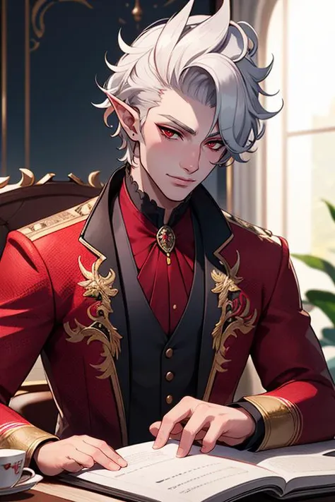 (1boy), solo, portrait of astarion,red eyes, pompadour silver hair, mature male,<lora:Char_bg3-Astarion:2>, ((red:1.2 jacket, tailcoat:1.1)), ((embroidered coat)), high collar, black shirt, brooch,[pointy ears], grandeur, inspiring, masterpiece, best quality