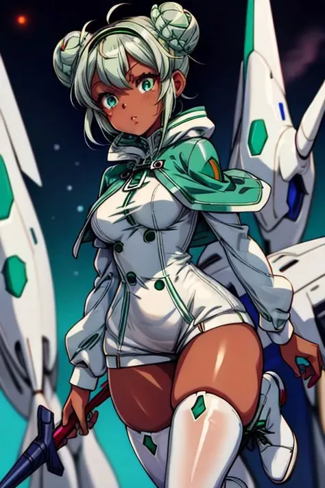 Stars, wide hips, space, space outfit, breast, cute, white hair, green eyes, blushing, looking at you, nipples