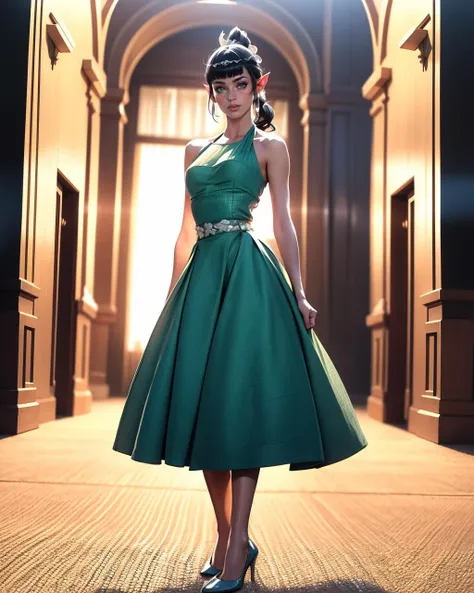 anime artwork beautiful woman, age 40, halter dress hair bow,best quality, high quality, solo, highres, high detail, <lora:Outfit_HalterRockabilly:0.8> dr3ss, Royal Court backdrop standing, high heels, <lora:Char_bg3-ShadowheartbyDocS-LORA:0.8> dsshadowheart, black hair, long hair, ponytail, bangs, braid, hair ornament, pointy ears, green eyes, circlet . anime style, key visual, vibrant, studio anime, highly detailed