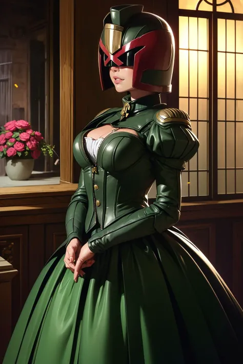 Fairy tale anime artwork, ((met gala Serpentine Verdant Green)) adult beautiful woman, solo, high quality, best quality, highres, high detail, <lora:Char_dredd2k12-JudgeDreddbyMajM:0.85> jdgdrdd helmet:1.2, uniform, (((victorian wedding ballgown))), satin, ruching fabric, elaborate, complicated, ornate, rich, romantic, flower petal . vibrant, studio anime, highly detailed, ((art by Takahiro Kimura)) (cel shading), line art . Magical, fantastical, enchanting, storybook style, highly detailed