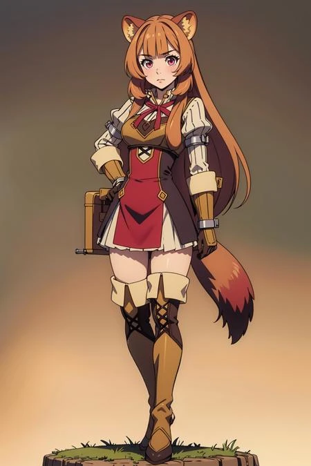 1girl, solo, full body, <lora:Char_trsh-Raphtalia:0.75> pikkyraphtalia, 1girl, solo, looking at viewer, brown hair, long hair, very long hair, bangs, blunt bangs, pink eyes, breasts, medium breasts, raccoon girl, animal ears, raccoon ears, raccoon tail, tail, thigh boots, boots, gloves, thighhighs, ribbon