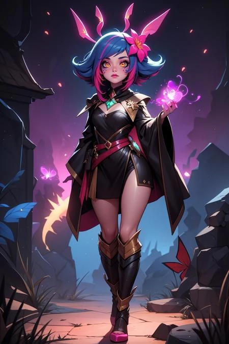 1girl, solo, beautiful adult age 30 mature female, full body, high quality, best quality, highres, 8k, <lora:Char_lol-Neeko:0.8> neeko, hair ornament, colored skin, flower, hair flower, green skin, medium hair, shiny, pink hair, shiny hair, monster girl, tail, lizard tail, powerful wizard, ((determined)), charcoal silver robes,(((magenta luminescence, fireflies, radiant))), ((magical sigils)), luminescent purple magic, backlit, dark, eerie crypt setting, ((death magic)), fantasy elements, high detail, 8k resolution,