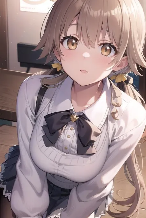 bluearchivehifumi, hifumi, brown hair, hair between eyes, hair bow, hair ribbon, halo, long hair, low twintails, sidelocks, twintails, wing hair ornament, (brown eyes:1.5), (flat chest:1.),
BREAK black pantyhose, black skirt, long sleeves, pantyhose, pleated skirt, ribbon, , serafuku, skirt,
BREAK looking at viewer, 
BREAK indoors, classroom,
BREAK (masterpiece:1.2), best quality, high resolution, unity 8k wallpaper, (illustration:0.8), (beautiful detailed eyes:1.6), extremely detailed face, perfect lighting, extremely detailed CG, (perfect hands, perfect anatomy),(garter belt:1.6),(Purple underwear:1.4),
