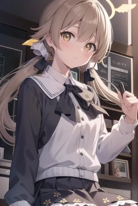bluearchivehifumi, <lora:bluearchivehifumi-lora-nochekaiser:1>,
hifumi, brown hair, hair between eyes, hair bow, hair ribbon, halo, long hair, low twintails, sidelocks, twintails, wing hair ornament, (brown eyes:1.5), (flat chest:1.),
BREAK black pantyhose, black skirt, long sleeves, pantyhose, pleated skirt, ribbon, school uniform, serafuku, skirt,
BREAK looking at viewer,
BREAK indoors, classroom,
BREAK <lyco:GoodHands-beta2:1>, (masterpiece:1.2), best quality, high resolution, unity 8k wallpaper, (illustration:0.8), (beautiful detailed eyes:1.6), extremely detailed face, perfect lighting, extremely detailed CG, (perfect hands, perfect anatomy),