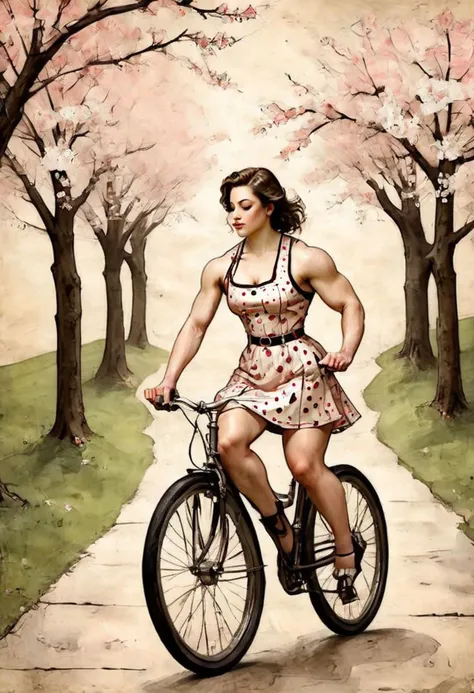 mugglelight, a girl in a vintage polka-dot dress enjoying a bike ride through a blooming cherry blossom alley,1girl,((muscular)),solo,vintage dress,miniskirt,bike ride,cherry blossoms,spring,petals,outdoors,(close up:1.9),on parchment