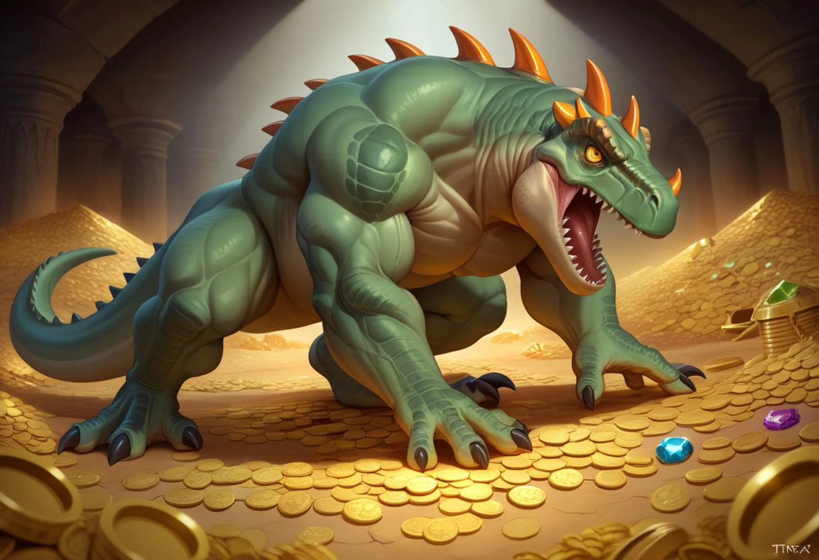 score_9, score_8_up, score_7_up, zzTrex, therapod, muscular dinosaur, T-rex, full body, open mouth, sharp large teeth, orange spikes on the head and back, four black spikes on the tail, green skin, tyrannosaurus, attack, large-caliber guns on the sides of the body, orange horns on nose,
treasure-room, treasure, gemstone,coins,gold bars, gold pile