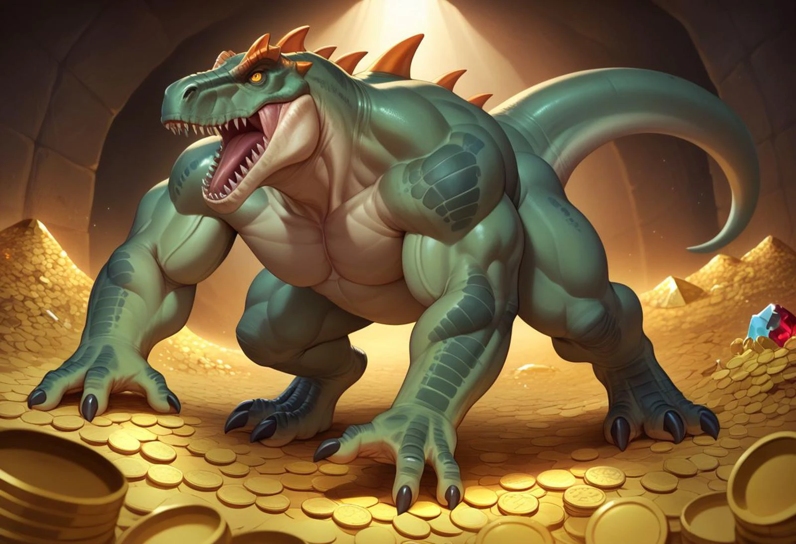 score_9, score_8_up, score_7_up, zzTrex, therapod, muscular dinosaur, T-rex, full body, open mouth, sharp large teeth, orange spikes on the head and back, four black spikes on the tail, green skin, tyrannosaurus, attack, large-caliber guns on the sides of the body, orange horns on nose,
treasure-room, treasure, gemstone,coins,gold bars, gold pile