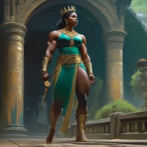 odelshoot style, (extremely detailed CG unity 8k wallpaper), full shot body photo of the most beautiful artwork in the world, medieval (amzn_mscles:1.6, muscular) queen, green vale, dark skin, black woman, dark skin, golden crown, diamonds, medieval architecture, professional majestic oil painting by Ed Blinkey, Atey Ghailan, Studio Ghibli, by Jeremy Mann, Greg Manchess, Antonio Moro, trending on ArtStation, trending on CGSociety, Intricate, High Detail, Sharp focus, dramatic, photorealistic painting art by midjourney and greg rutkowski, <lora:amzn_mscles_64:1.5>