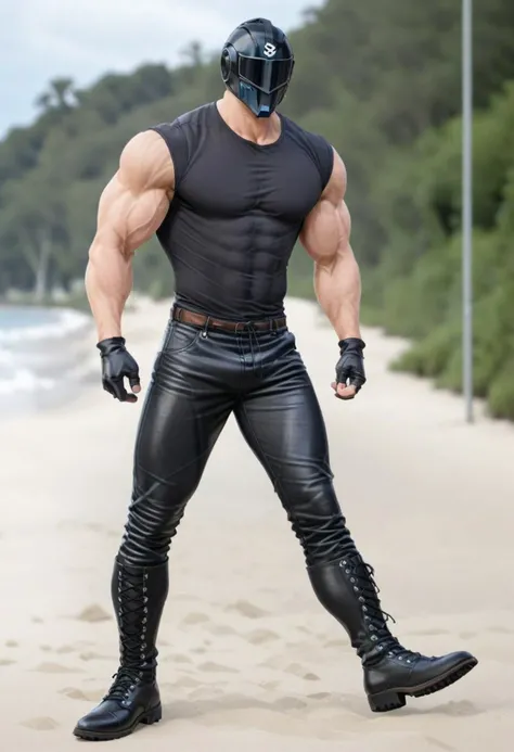 score_9, score_8_up, score_7_up, source_photo, (photography, realistic:1.4), 1man, standing, black pants, gloves, pants, black leather gloves, tight black clothes, black opened leather blazer jacket, male focus, helmet, black taut shirt, black opened leather blazer jacket, sitting, muscular male, muscular, pectorals, bara, black opened leather blazer jacket, tight black shirt, tight pants, flexed biceps, standing, taut black clothes, boots, large pectorals, large biceps, black opened leather blazer jacket, taut black shirt, black footwear, Venom symbiote daft punk helmet, covers entire face, tropical beach<lora:KoraPhotography_PonyXL-000016:0.8>