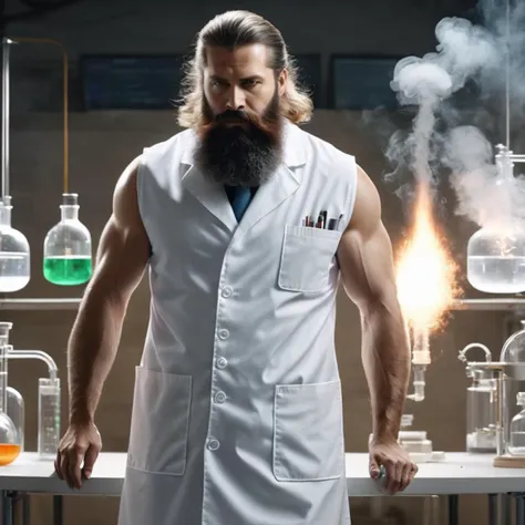 mad scientist (amzn_mscles) bearded man, (wearing white sleeveless:1.2 labcoat), making chemical reaction smoke in his secret lab, volumetric lighting, realistic, close-up, high definition, 8k, (masterpiece, best quality:1.4), professional, 4k, highly detailed, from side, <lora:amzn_mscles_64:1>