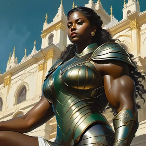 odelshoot style, (extremely detailed CG unity 8k wallpaper), full shot body photo of the most beautiful artwork in the world, medieval (amzn_mscles:1.6, muscular) queen, green vale, dark skin, black woman, dark skin, golden crown, diamonds, medieval architecture, professional majestic oil painting by Ed Blinkey, Atey Ghailan, Studio Ghibli, by Jeremy Mann, Greg Manchess, Antonio Moro, trending on ArtStation, trending on CGSociety, Intricate, High Detail, Sharp focus, dramatic, photorealistic painting art by midjourney and greg rutkowski, <lora:amzn_mscles_64:1.5>