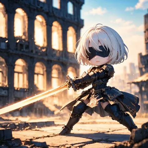 amazing quality, masterpiece, best quality, hyper detailed, ultra detailed, UHD, HDR, DOF, depth of field,
short hair, white hair, solo, wearing ornate armor, gold trim, fighting stance, , closed mouth, holding sword, glowing sword, abandoned city, old building,
<lora:XL_Chibi_Knights_-_by_HailoKnight:0.8>, Chibi Knight,
<lora:type2B_XL_0_:0.7> ,type2b, black_blindfold, black_hairband, feather-trimmed_sleeves,
<lora:d\EnvyActionShotXL01:0.8>, action shot,
<lora:add-detail-xl:0.85>,
<lora:quality1:1.0>,
<lora:extremely_detailed:1.5>, extremely detailed,