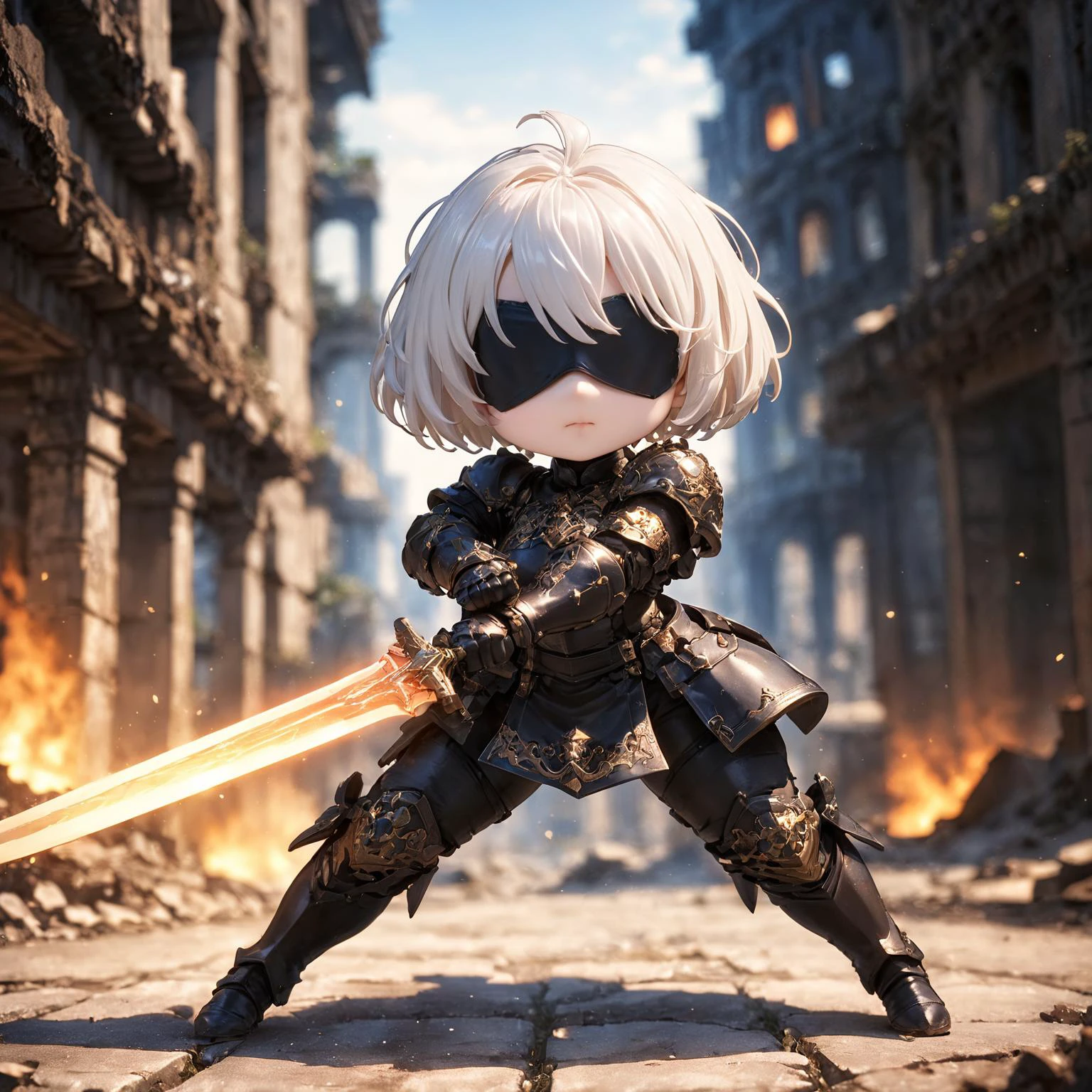 amazing quality, masterpiece, best quality, hyper detailed, ultra detailed, UHD, HDR, DOF, depth of field,
short hair, white hair, solo, wearing ornate armor, gold trim, fighting stance, , closed mouth, holding sword, glowing sword, abandoned city, old building,
<lora:XL_Chibi_Knights_-_by_HailoKnight:0.8>, Chibi Knight,
<lora:type2B_XL_0_:0.7> ,type2b, black_blindfold, black_hairband,
<lora:d\EnvyActionShotXL01:0.8>, action shot,
<lora:add-detail-xl:0.85>,
<lora:quality1:1.0>,
<lora:extremely_detailed:1.5>, extremely detailed,