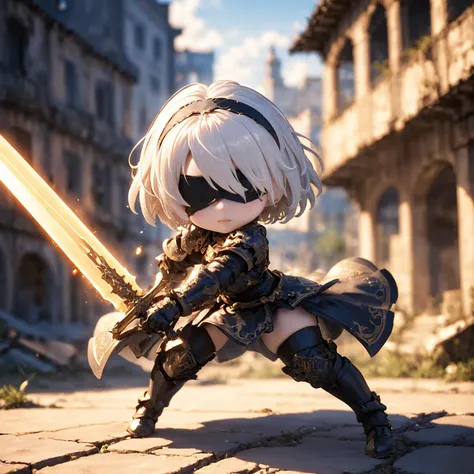 amazing quality, masterpiece, best quality, hyper detailed, ultra detailed, UHD, HDR, DOF, depth of field,
short hair, white hair, solo, wearing ornate armor, gold trim, fighting stance, , closed mouth, holding sword, glowing sword, abandoned city, old building,
<lora:XL_Chibi_Knights_-_by_HailoKnight:0.8>, Chibi Knight,
<lora:type2B_XL_0_:0.7> ,type2b, black_blindfold, black_hairband, feather-trimmed_sleeves,
<lora:d\EnvyActionShotXL01:0.8>, action shot,
<lora:add-detail-xl:0.85>,
<lora:quality1:1.0>,
<lora:extremely_detailed:1.5>, extremely detailed,