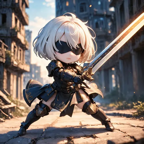 amazing quality, masterpiece, best quality, hyper detailed, ultra detailed, UHD, HDR, DOF, depth of field,
short hair, white hair, solo, wearing ornate armor, gold trim, fighting stance, , closed mouth, holding sword, glowing sword, abandoned city, old building,
<lora:XL_Chibi_Knights_-_by_HailoKnight:0.8>, Chibi Knight,
<lora:type2B_XL_0_:0.7> ,type2b, black_blindfold, black_hairband, 
<lora:d\EnvyActionShotXL01:0.8>, action shot,
<lora:add-detail-xl:0.85>,
<lora:quality1:1.0>,
<lora:extremely_detailed:1.5>, extremely detailed,