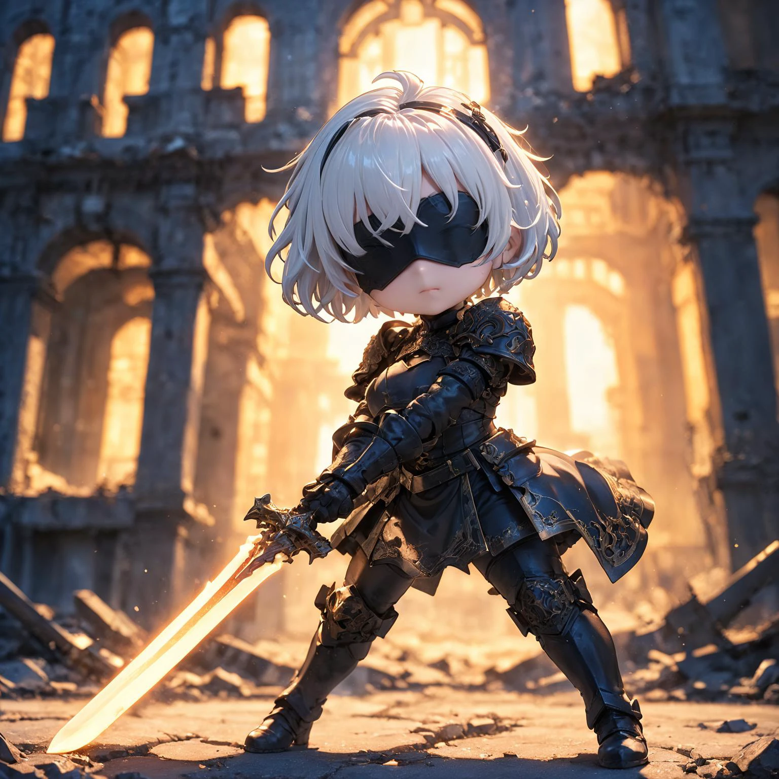 amazing quality, masterpiece, best quality, hyper detailed, ultra detailed, UHD, HDR, DOF, depth of field,
short hair, white hair, solo, wearing ornate armor, gold trim, fighting stance, , closed mouth, holding sword, glowing sword, abandoned city, old building,
<lora:XL_Chibi_Knights_-_by_HailoKnight:0.8>, Chibi Knight,
<lora:type2B_XL_0_:0.7> ,type2b, black_blindfold, black_hairband, feather-trimmed_sleeves,
<lora:d\EnvyActionShotXL01:0.8>, action shot,
<lora:add-detail-xl:0.85>,
<lora:quality1:1.0>,
<lora:extremely_detailed:1.5>, extremely detailed,