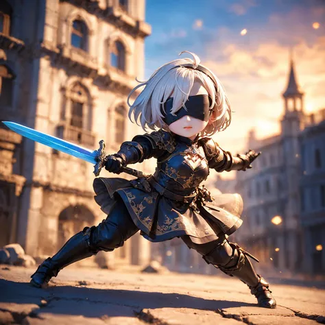 amazing quality, masterpiece, best quality, hyper detailed, ultra detailed, UHD, HDR, DOF, depth of field,
short hair, white hair, solo, wearing ornate armor, gold trim, fighting stance, , closed mouth, holding sword, glowing sword, abandoned city, old building,
<lora:XL_Chibi_Knights_-_by_HailoKnight:0.8>, Chibi Knight,
<lora:type2B_XL_0_:0.7> ,type2b, black_blindfold, black_hairband, feather-trimmed_sleeves,
<lora:d\EnvyActionShotXL01:0.8>, action shot,
<lora:add-detail-xl:0.85>,
<lora:quality1:1.0>,
<lora:extremely_detailed:1.5>, extremely detailed,